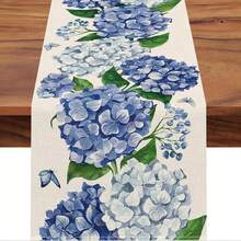 1 pieza Camino de mesa con estampado de hortensias azules acuarela y mariposas, estilo romántico de Cottagecore decorativo para cocina, sala de estar, fiesta y picnic al aire libre, acento primaveral suave para el hogar - Multicolor - Ver 2
