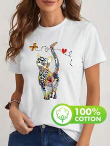 Camiseta casual de manga corta para mujer, 100% algodón puro, con diseño abstracto de gato, patrones geométricos y estampados de corazones, cuello redondo. Estilo vintage elegante, popular entre influencers, suave y cómoda para primavera y verano. - Blanco - Ver 2