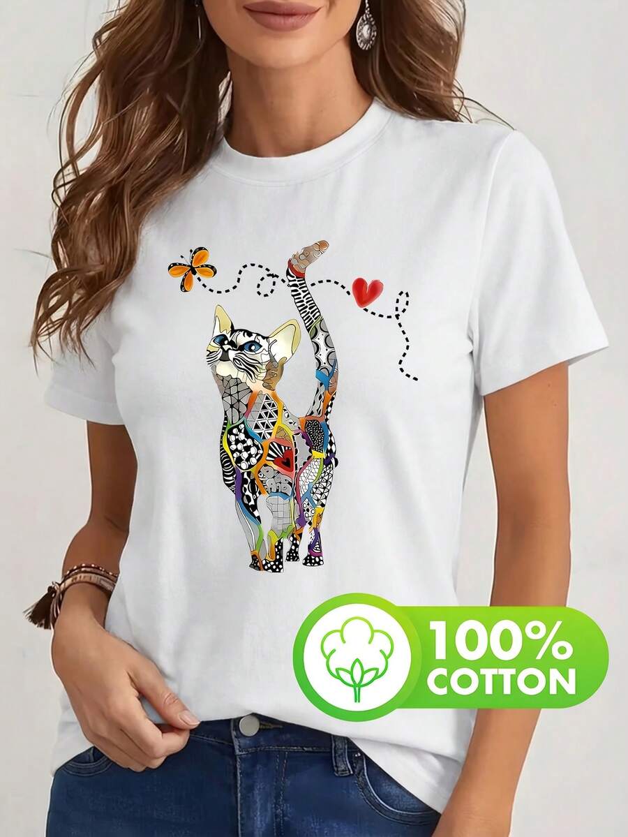 Camiseta casual de manga corta para mujer, 100% algodón puro, con diseño abstracto de gato, patrones geométricos y estampados de corazones, cuello redondo. Estilo vintage elegante, popular entre influencers, suave y cómoda para primavera y verano.