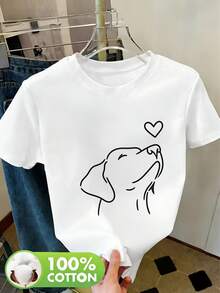 Women's T-Shirt, 100% Cotton Round Neck Casual Summer T-Shirt With Online Puppy Design And Heart Details, Breathable For Spring/Summer/Autumn, Machine Washable, Suitable For Casual Activewear, Comfortable And Breathable, Short Sleeve T-Shirt For Women, Women's Night Out T-Shirts - 白色 - 查看 7