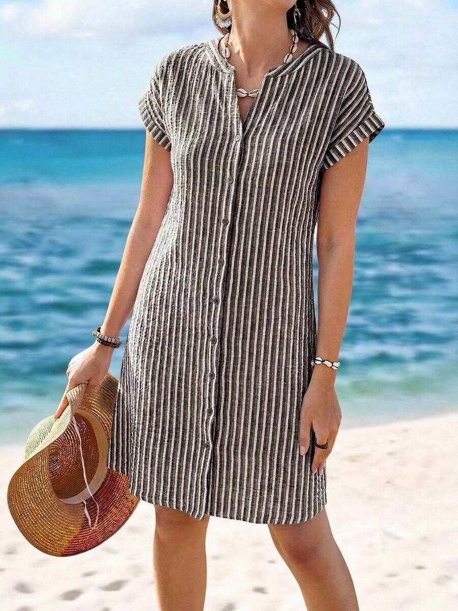 xheSylviya Vestido camisero de verano para mujer, de manga corta, cuello en V y rayas, hasta la rodilla, vestidos de verano para mujer, vacacionesxhe - Blanco y Negro - Ver 1