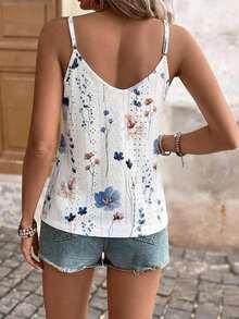 Blusa de tirantes finos con estampado floral para mujer, escote en V con botones delanteros, tela ligera y transpirable, perfecta para uso diario, salidas casuales, brunch, compras y vacaciones - Blanco - Ver 2