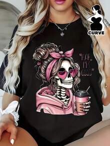 Camiseta de verano de manga corta con estampado para mujer 2026, camiseta casual de manga corta para mujer con corte holgado, camiseta de manga corta para mujer con estampado de calaveras y gafas de sol, estilo regular, cuello redondo, versátil, lavable aáquina, cómoda, adecuada para uso diario, informal y deportivo, camiseta básica casual de verano de manga corta. - Negro - Ver 4