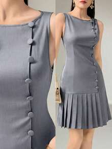 Vestido corto elegante de unicolor con dobladillo plisado y sin mangas - Azul - Ver 1