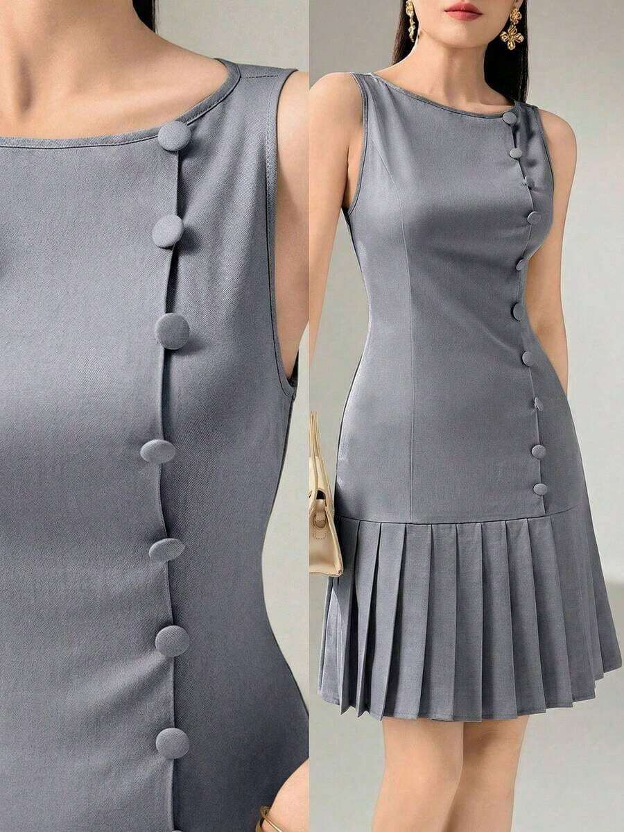 Vestido corto elegante de unicolor con dobladillo plisado y sin mangas - Azul - Ver 1