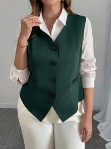 elegante de talla grande de un solo botonadura y ajustado, negro - Verde Oscuro - Ver 4