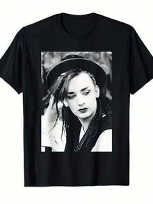Camiseta de Cuello Redondo Divertida para Hombre y Mujer, Talla Grande, Camiseta de Moda para Mujer, Camiseta Retro Unisex Boy George Culture Club 1982 |     Icónico estampado de estrellas del pop en blanco y negro, manga corta informal, cuello redondo, adecuado para uso diario y fiestas temáticas de los 80, comodidad para todas las estaciones. - Negro - Ver 8