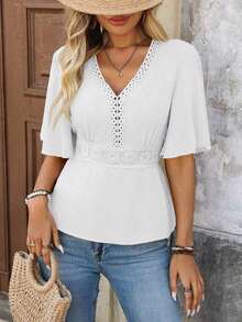 LUNE Blusa de encaje y parches para la cintura, ideal para vacaciones - Blanco - Ver 7