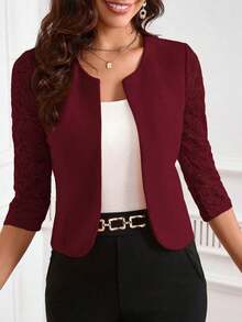 Chaqueta corta elegante de mujer con parches de encaje, frente abierto y mangas 3/4 para primavera y verano, y otoño/invierno - Burdeos - Ver 5