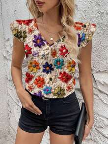 Camisa de mujer de manga corta con cuello en V, ajustada, con estampado retro rústico de flores 3D de punto sintético, adecuada para el verano, vacaciones y estilo elegante para mujeres - Multicolor - Ver 3
