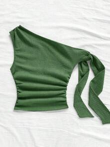 Top ajustado de mujer de hombros asimétricos con tirantes de amarre en color amarillo pálido, adecuado para fiesta, vacaciones, festival de música, estilo bohemio, cita de vacaciones, té de la tarde - Verde Oliva - Ver 3