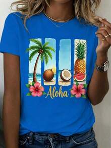 Las camisetas gráficas presentan un diseño con temática hawaiana, que muestra un brillante texto de "Aloha" y elementos tropicales como palmeras, piñas y cocos. Esta elegante camiseta para mujer presenta un patrón de letras de dibujos animados y un diseño clásico de cuello redondo. Cottno 100% Algodón - Azul - Ver 1