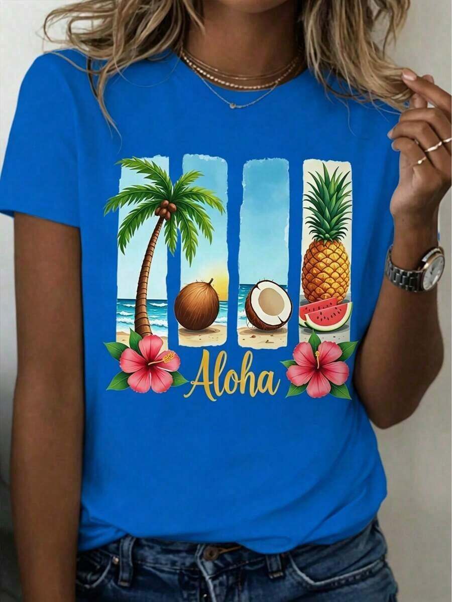 Las camisetas gráficas presentan un diseño con temática hawaiana, que muestra un brillante texto de "Aloha" y elementos tropicales como palmeras, piñas y cocos. Esta elegante camiseta para mujer presenta un patrón de letras de dibujos animados y un diseño clásico de cuello redondo. Cottno 100% Algodón - Azul - Ver 1