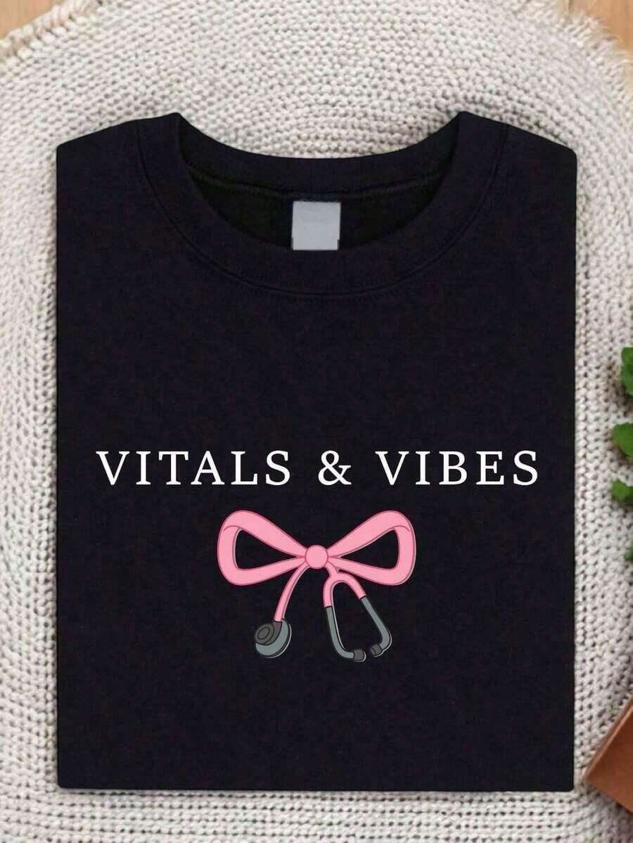 Coquette Vitals And Vibes T-Shirt, Funny Nurse T-Shirt, Nurse, I Appreciate Nurses, Medical Student T-Shirts, Cute Stethoscope T-Shirts, Crew Neck, Loose Fit, 100% Cotton - 黑色 - 查看 1