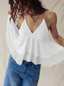 Top de tirantes finos con volantes de estilo bohemio americano en color negro para mujeres, estilo hippie, rave y western - Blanco - Ver 5