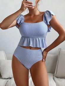Conjunto de tankini a rayas con volantes para mujer, ideal para la playa - Azul y blanco - Ver 5