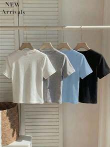 Set de 4 camisetas cortas de manga corta, cuello redondo, ajustadas y con bordados de unicolor para mujer, aptas para uso diario - Multicolor 2 - Ver 2