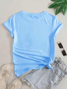 Women's Casual Round Neck T-Shirt With A Colorful Letter Print That Says "Jesus" And A Design Of "The Way, The Truth, The Life", Short Sleeves, Regular Length, Soft Fabric, Comfortable For All Seasons, Women's T-Shirt. - 藍色 - 查看 2