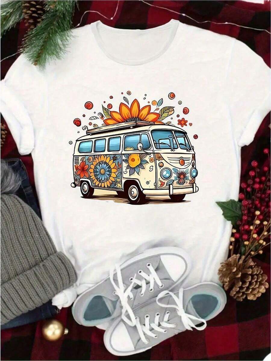 Breathable Summer Sets For Women, Unique, Stylish And Versatile Design, Round Neck, Short Sleeve, Comfortable Top, Fashionable Printed Casual Sports T-Shirt, Women's Cotton T-Shirts, Premium Women's. - 白色 - 查看 1