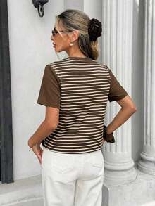 Frenchy Camiseta de mujer de manga corta, cuello redondo, a rayas, de estilo casual para el verano - Marrón 3 - Ver 2