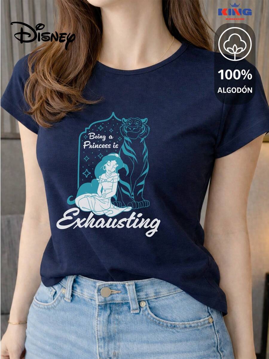 This 100% Cotton T-Shirt Is Of Excellent Quality, Guaranteeing Exceptional Softness To The Touch. It Features A Round Neck With A "Disney Jasmine Exhausting Princess" Print And Short Sleeves. - 藏蓝色 - 查看 1