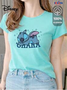 This 100% Cotton T-Shirt Is Of Excellent Quality, Guaranteeing Exceptional Softness To The Touch. It Features A Round Neck With A "Disney Stitch Ohana Sleepy" Print And Short Sleeves. - 水 - 查看 1
