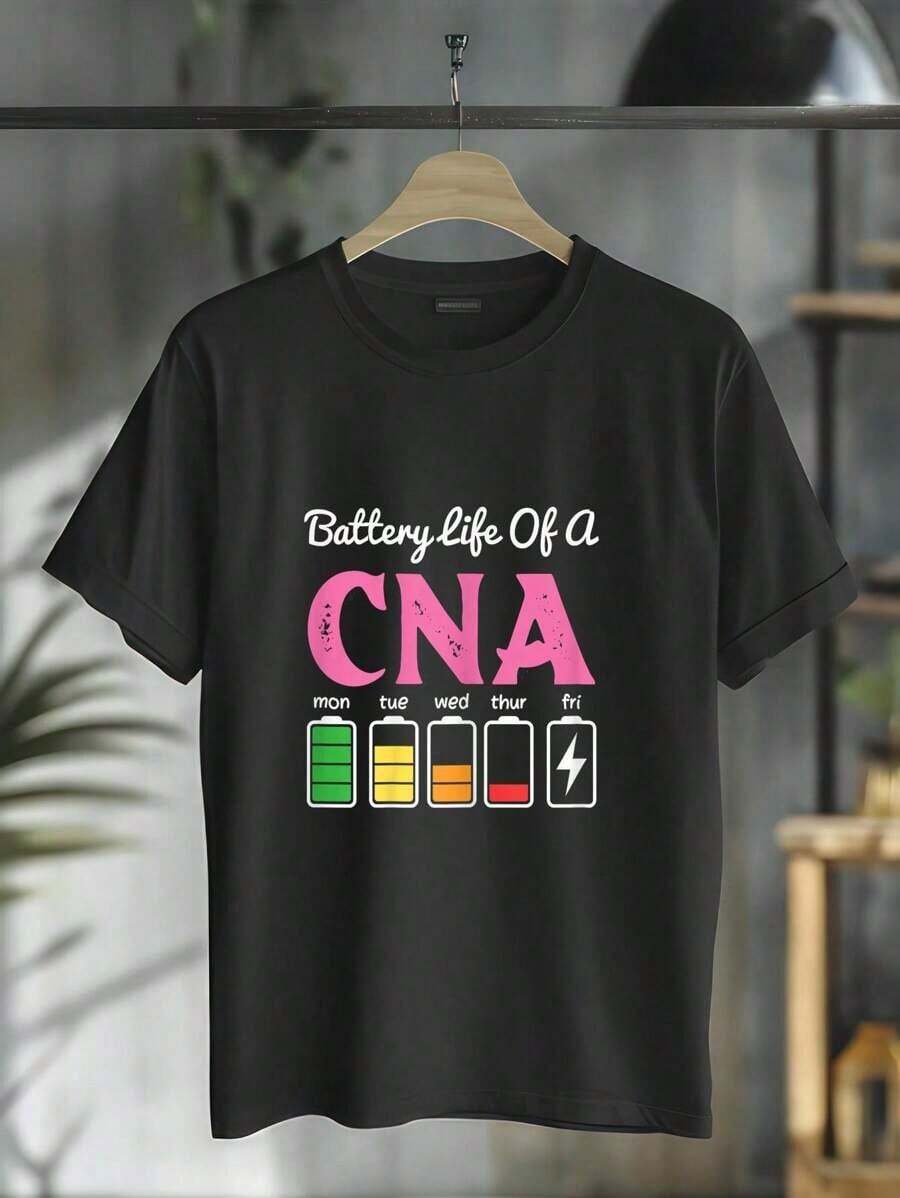 Funny T-Shirt With The Phrase "A Nurse's Battery Life Is Great", Short Sleeve Crew Neck T-Shirt For Men And Women, Pure Cotton Graphic T-Shirt - 黑色 - 查看 1