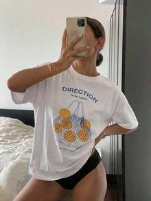 Camiseta Casual de Mujer  con Estampado de Letras, Cuello Redondo y Hombros Caídos, Camisetas Gráficas de Algodón Puro para Mujer - Blanco - Ver 5