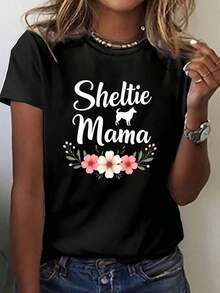 Women's T-Shirt With "Sheltie Mama" Print - Casual Short Sleeve Crew Neck T-Shirt With Sheltie Dog Design, Machine Washable, Suitable For Summer, Spring And Year-Round Wear, Clothing For Sheltie Lovers - 黑色 - 查看 6