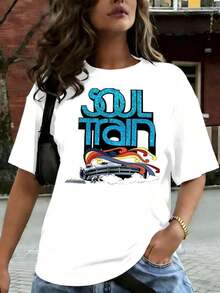 1 Piece Of Women's Casual T-Shirt With Graphic Print "The Soul Train Is Brightly Colored", Comfortable For Casual And Elegant Outfits, Lightweight And Breathable, Machine Washable, Regular Fit, Round Neck, 180g 100% Cotton. - 白色 - 查看 11