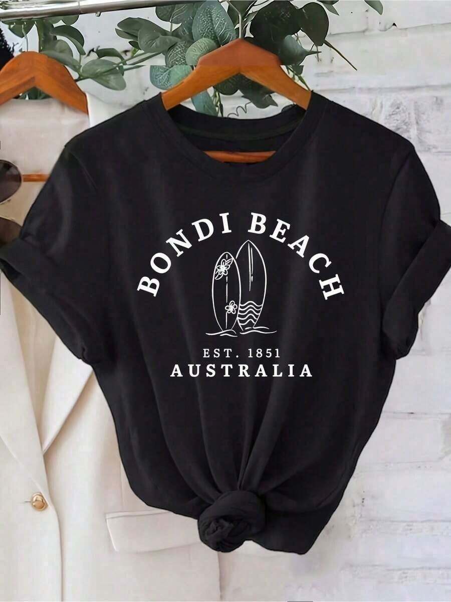 Short-Sleeved T-Shirt With Letter Print, Round Neck, Casual Style, For Summer And Spring. Women's Clothing. New Women's Summer T-Shirt, Casual And Comfortable Top With A Round Neck. Bestseller. - 黑色 - 查看 1