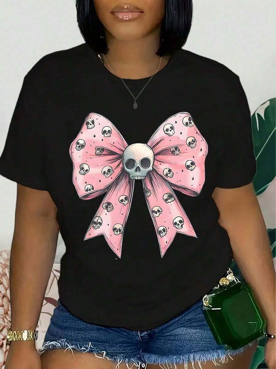 Camisetas de manga corta con cuello redondo para mujer, ropa casual de primavera y verano, camisetas con estampado gráfico. - Negro - Ver 1