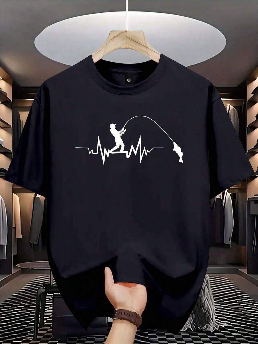 Camiseta de manga corta de ajuste regular para hombres con impresión personalizada de EKG y pesca, ropa deportiva casual y elegante para exteriores, adecuada como regalo para esposo o novio, estilo de los años 2000 - Negro - Ver 1