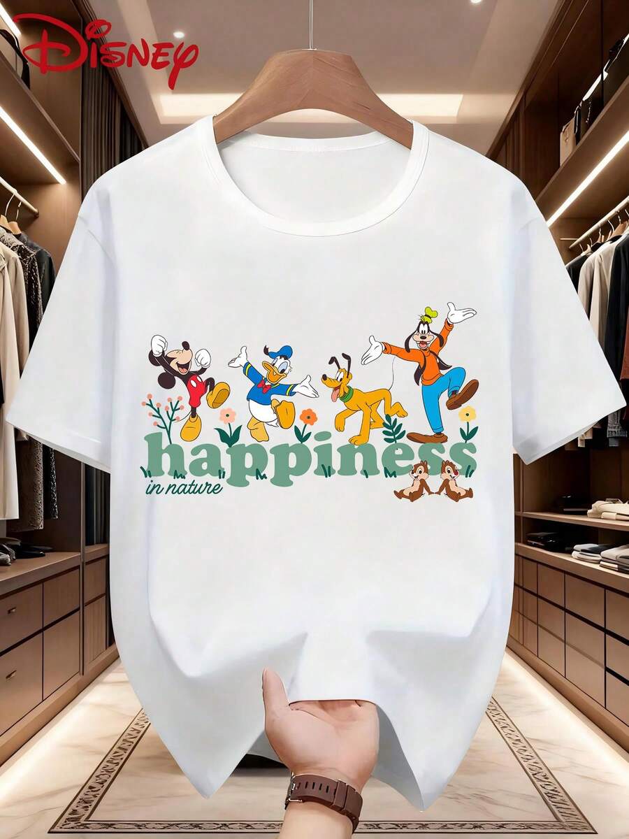 Disney 迪士尼米奇和朋友图案印花男士休闲圆领短袖T恤,略带弹性,不透光,易打理面料,适合户外活动和日常穿着。 - 白色 - 查看 1