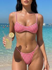Sultry Sol 女士性感时尚粉色两件式泳衣，适合海滩、泳池和运动，格子印花比基尼套装，夏季度假必备 - 粉色 - 查看 1