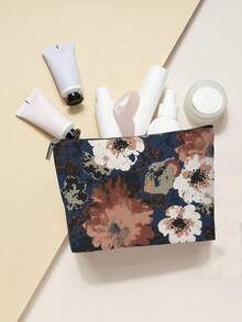 1 Pc Mixed Floral Orchid Mushroom And Hummingbird Print Cosmetic Bag Vintage Retro Style Linen Rectangular Zippered Makeup Pouch Portable Multi Purpose Toiletry Bag For Daily Travel And Autumn Season - Multicolor - View 5