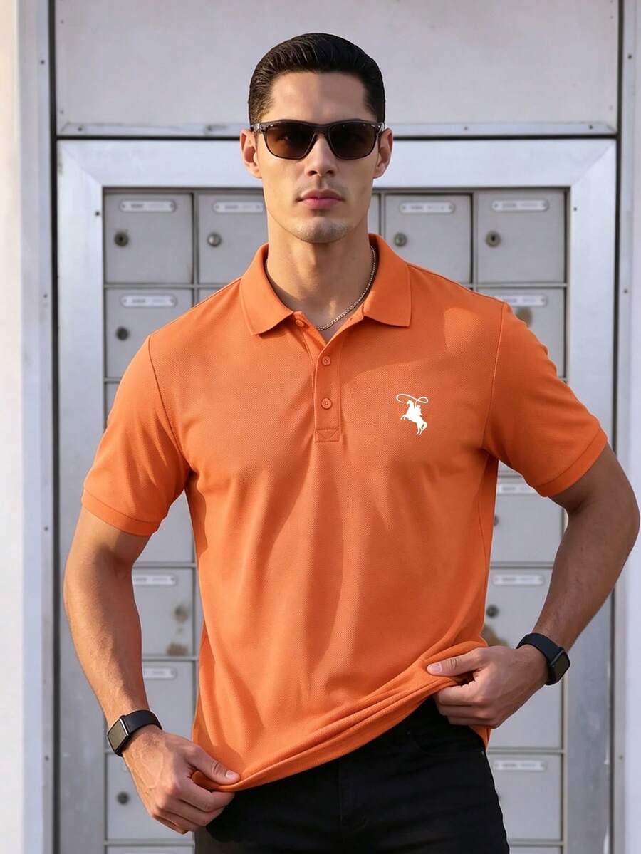 Camisa polo de manga corta de unicolor para hombres, camisa de manga corta para hombres, camisa de golf casual de color minimalista, adecuada para uso diario casual, salidas de fin de semana, actividades al aire libre, aventuras de viaje, entornos de trabajo relajados o ocasiones semi-formales, adecuada como regalo para novio/esposo - Amarillo Mostaza - Ver 1