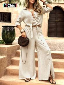 Women's Long Sleeve Loose Fit Shirt Set With Tie Hem, Single Button Decorated Wide Leg Pants, Casual All Season Outfit, Womenswear BXNZ - 橄欖綠 - 查看 2