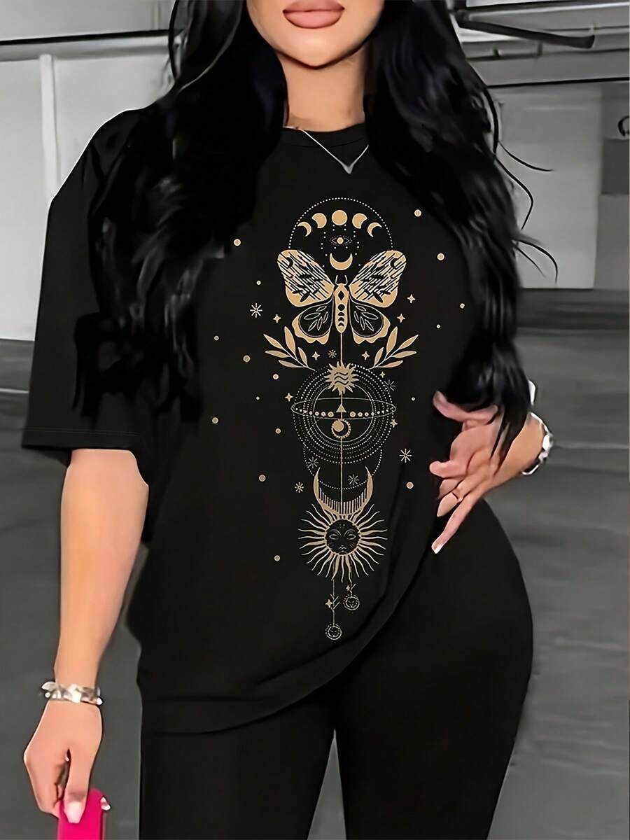 2026Camiseta de cuello redondo con estampado de mariposas, top casual de manga corta para el verano, ropa de mujer2026 - Negro - Ver 1