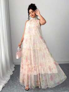 Vestido de malla floral sin mangas elegante para mujer de talla grande - Beis - Ver 6