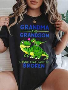 Camiseta Casual de Manga Corta para Mujer - Diseño de Dinosaurios Abuela e Hijo, Amor Inquebrantable, Cuello Redondo, Top de Verano, Lavable a Máquina, Camisetas para Damas, Ropa Casual, Estilo Moderno, Ajuste Cómodo 
 Negro - Negro - Ver 6