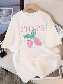 Women's White Short Sleeve Summer T-Shirt Y2K Style - Cute Strawberry Print And PHYP Pattern, Loose Round Neck, 100% Cotton, Casual Top, Machine Washable, Suitable For Daily Wear, Fun Design, Comfortable Fabric, Ideal For Strawberry Lovers, . - 白色 - 查看 6