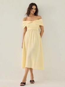 Gaivellea Vestido elegante, romántico y sofisticado con hombros descubiertos, lazo en la cintura y silueta evasé, adecuado para salidas y citas de primavera/verano - Albaricoque - Ver 5