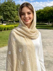 1pc Bohemian Floral Embroidered Headscarf Scarf Casual Outdoor Sun Protection Windproof Beach Wrap Dress - Beige - View 2