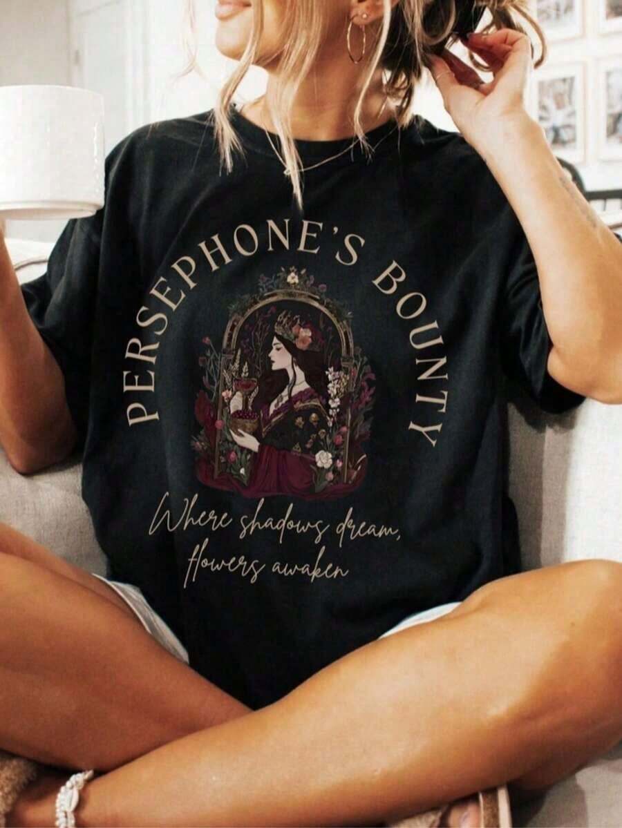 1 Piece Persephone T-Shirt Greek Mythology T-Shirt Persephone And Hades T-Shirt Poet T-Shirt Dark Academia Style 180g 100% Cotton - 黑色 7 - 查看 1