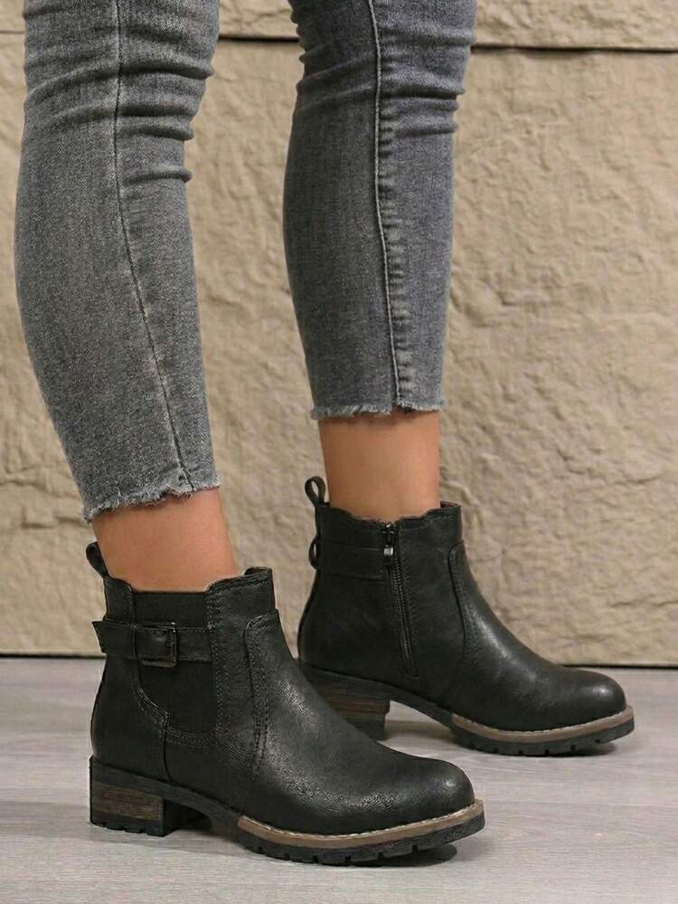 Low Heel Chelsea Ankle Boots For Women Side Zip Short Booties - Black - View 4
