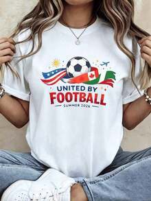 Camiseta de Verano 'United By Football' para Mujer, Manga Corta, Cuello Redondo, Casual - Blanco - Ver 1