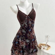 YijiaNvz  Vestido de mujer, estampado de flor de anacardo y malla con contraste de colores, para resort - Azul marino - Ver 9