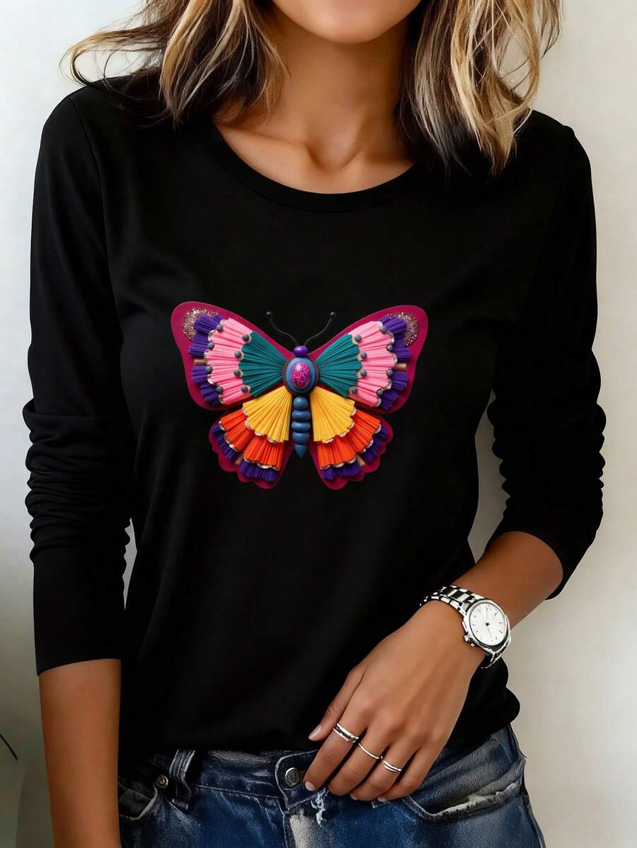 Camiseta Estampada para Mujer - Top Negro de Manga Larga con Diseño Multicolor de Mariposas, Camiseta Casual de Cuello Redondo y Corte Relajado, para Todas las Estaciones, Perfecta para Uso Diario y Atuendos de Vacaciones (Lavable aáquina). - Negro - Ver 1