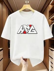 Men's 100% Cotton Short-Sleeved T-Shirt, Plus Size, Modern Short-Sleeved T-Shirt With Round Neck And Letter Print With ANZ Logo Design, Comfortable Casual T-Shirt - 白色 - 查看 7
